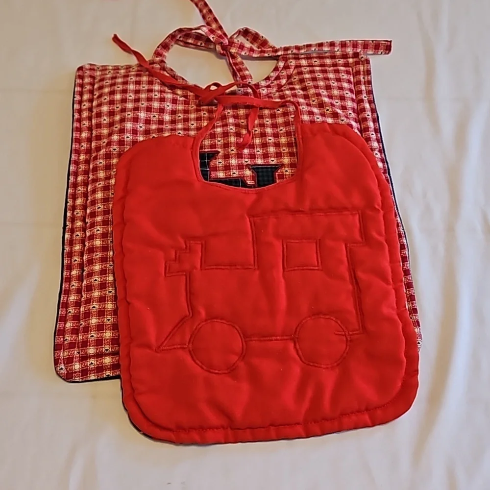 Hand Crafted upcycled bids 2pc-Set double-sided train plaid quilted embroidered